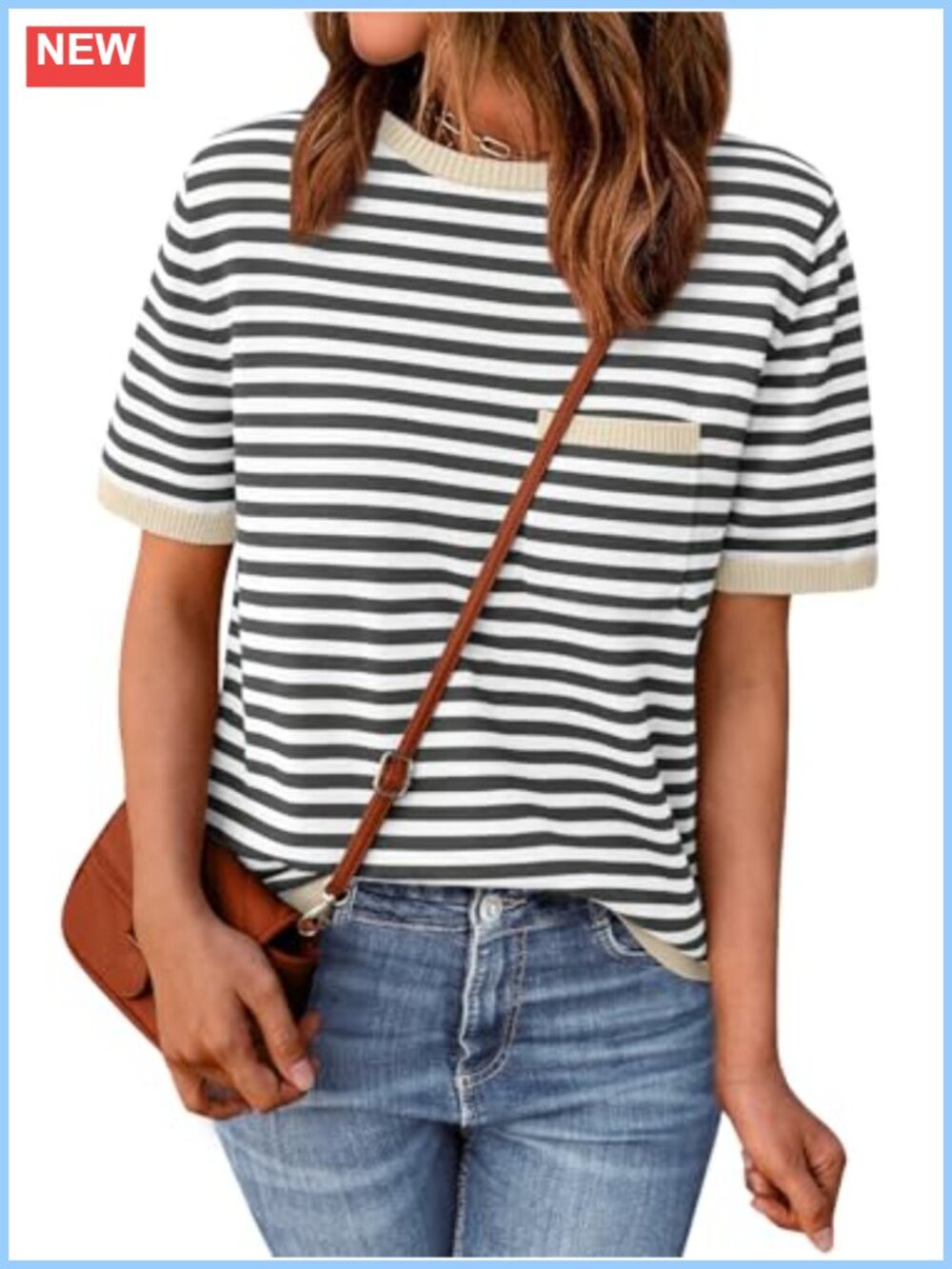 Striped Short Sleeve Cotton Crewneck Sweater with Chest Pocket